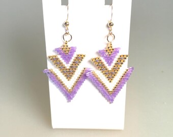 Hand Stitched Art Deco Seed Bead Earrings in Gold, Purple and White