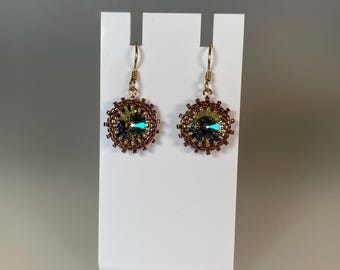 Sparkling Blue & Gold Rivoli Crystal and Gold Glass Delica Seed Bead Earrings