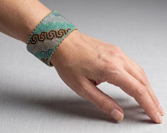 Peyote Stitched Seed Bead Bracelet in Honeycomb Pattern w/ Gold Tube Clasp OOAK