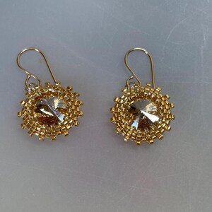 Sparkling Gold Rivoli Crystal and Gold Glass Seed Bead Earrings