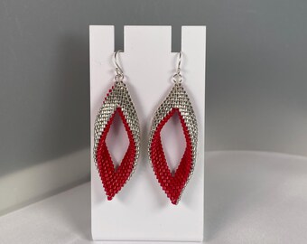 Bicolor Seed Bead Hand Stitched Leaf Earrings Red and Silver