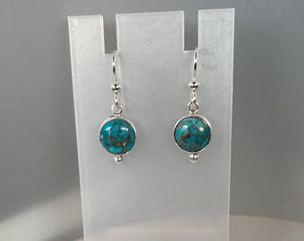 Artisan Minimalist Turquoise with Pyrite Dangle Earrings in Sterling Silver