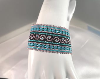 Peyote Stitched Seed Bead Bracelet in Rose, Turquoise, Black & Silver with Silver Tube Clasp