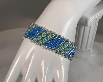 Peyote Stitched Seed Bead Bracelet Cream, Blue & Silver Geometric with Tube Clasp