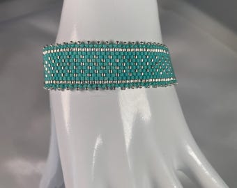 Matte Turquoise and Shiny Silver Glass Seed Bead Bracelet Peyote-Stitched
