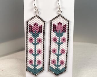 Hand Stitched Art Deco Floral Seed Bead Earrings Rose, Green & Silver