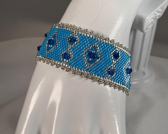 Sparkling Blue Swarovski Crystal and Blue & Silver Seed Bead Peyote Stitched Bracelet