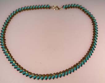Iridescent Turquoise & Bronze Glass Half Tila Bead Herringbone Stitched Necklace
