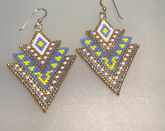 Hand Stitched Large Art Deco Blue & Yellow Seed Bead Earrings Ukrainian Colors