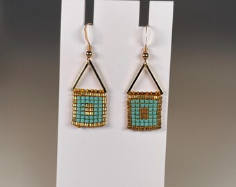 Small Square-Stitched Minimalist House Seed Bead Earrings in Gold & Turquoise