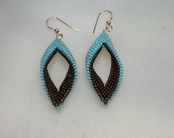 Bicolor Seed Bead Hand Stitched Leaf Earrings Turquoise and Matte Bronze