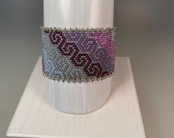 Peyote Stitched Seed Bead Bracelet in Honeycomb Pattern w/ Silver Tube Clasp OOAK