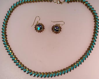 Iridescent Turquoise & Bronze Glass Half Tila Bead Herringbone Stitched Necklace