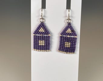 Small Square-Stitched Minimalist House Seed Bead Earrings in Matte Purple and Cream