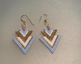 Hand Stitched Art Deco Seed Bead Earrings in Perriwinkle Blue and Gold