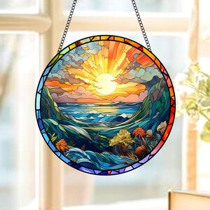 Stained Glass Mountain Suncatcher: Nature Window Hanging Decor