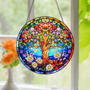 Personalized Tree of Life Glass Suncatcher, Custom Family Hanging Ornament, Gift for Mom, Home Window Decor, Stained Glass Gift for Mom