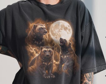 Three Wolverine Moon Shirt, Vintage 90s Graphic Tee, Gulo Gulo Wildlife Animal Gift