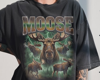 Maglietta vintage con alce, maglietta rap bootleg anni '90, mammifero selvatico della foresta con le corna, regalo per la fauna selvatica
