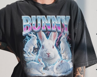 Vintage shirt konijn, jaren 90 bootleg rap-shirt, afbeelding wit konijn, retro dierencadeau