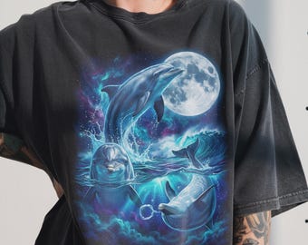 Three Dolphin Moon Shirt, Vintage 90s Graphic Tee, Porpoise Ocean Mammal Lover Gift