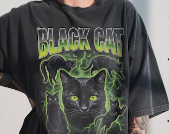 Camiseta vintage de gato negro, Halloween espeluznante, camiseta de rap pirata de los 90, regalo para amantes de los gatos
