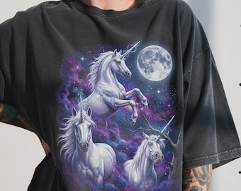 Three Unicorn Moon Shirt, Rearing Magical Beast 90s Bootleg Tee, Fantasy Lover Gift