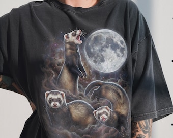 Three Ferret Moon Shirt, Vintage 90s Graphic Tee, Funny Polecat Weasel Pet Gift