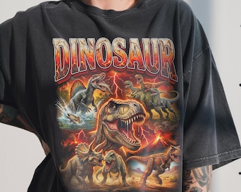 Vintage dinosaurusshirt, jaren 90 bootleg rap-shirt, prehistorische T-Rex Fossil, cadeau dinosaurusliefhebber