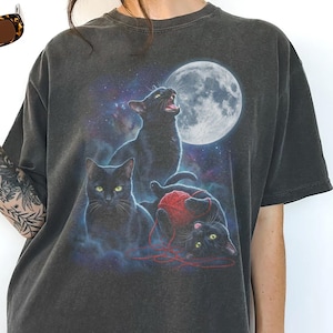 Three Black Cat Moon Shirt, Vintage 90s Graphic Tee, Cosmic Feline Lover Gift