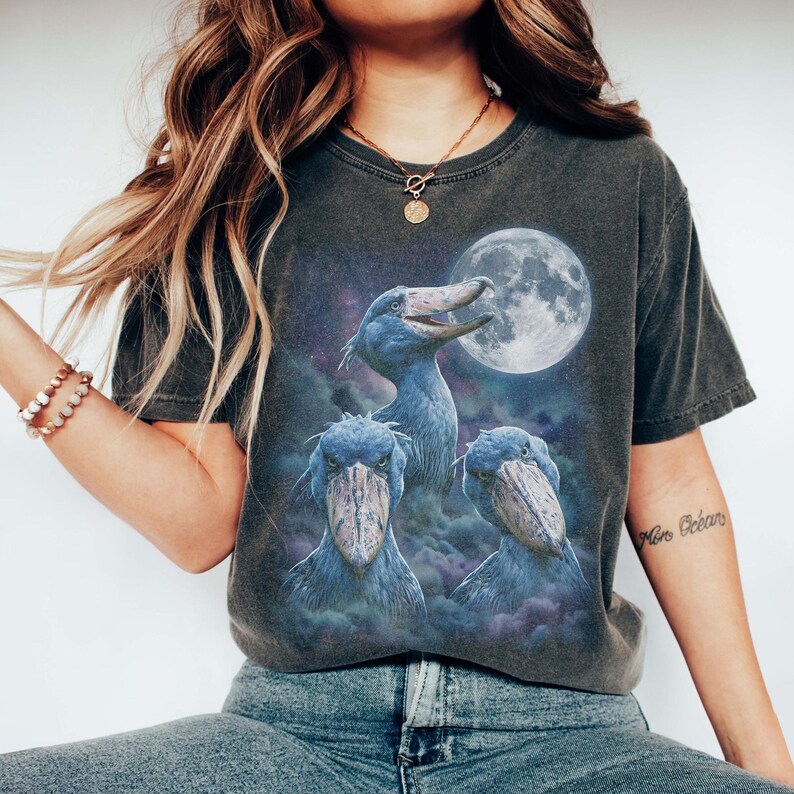 Vintage style three shoebill storks moon graphic printed on dark washed t-shirt, scary dinosaur bird galaxy design.