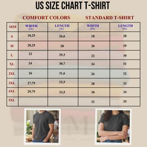 May include: A size chart for t-shirts, with measurements in inches for Comfort Colors and Standard T-shirts. The chart includes sizes S to 5XL, with width and length dimensions. The image also includes two photos of people wearing t-shirts.