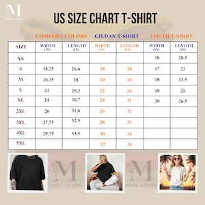 May include: A US size chart for t-shirts, featuring measurements in inches for Comfort Colors, Gildan, and Youth sizes. The chart includes sizes XS to 5XL, with width and length dimensions provided for each size. The brand name "Marie Lauren" is at the top.