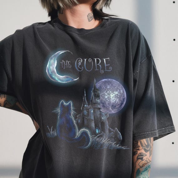 The Cure Gothic Cat Shirt, Mystical Witchy Moon Gift, Vintage Dark Fantasy Tee
