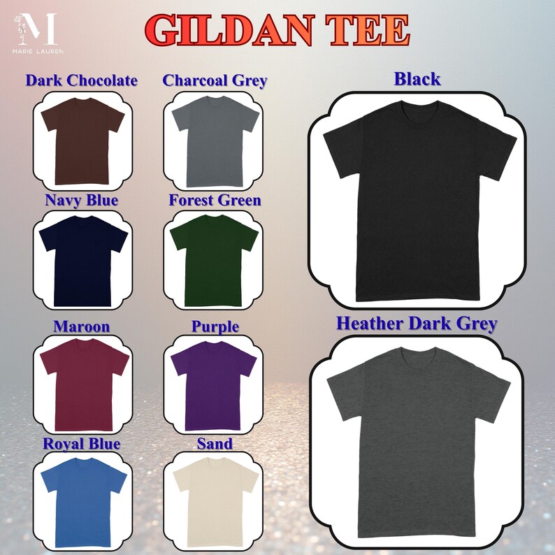 Peut inclure: Image pr&eacute;sentant des t-shirts de la marque Gildan dans diff&eacute;rentes couleurs. Les couleurs incluent chocolat fonc&eacute;, gris charbon, noir, bleu marine, vert for&ecirc;t, bordeaux, violet, bleu roi, sable et gris chin&eacute; fonc&eacute;. Le texte "GILDAN TEE" est en haut.