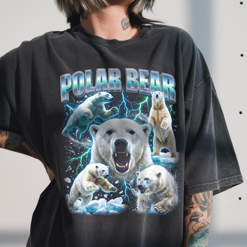 A central roaring polar bear portrait with four bears in walking and jumping poses surrounded by ice shards and lightning.