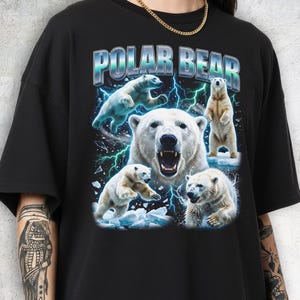 A central roaring polar bear portrait with four bears in walking and jumping poses surrounded by ice shards and lightning.
