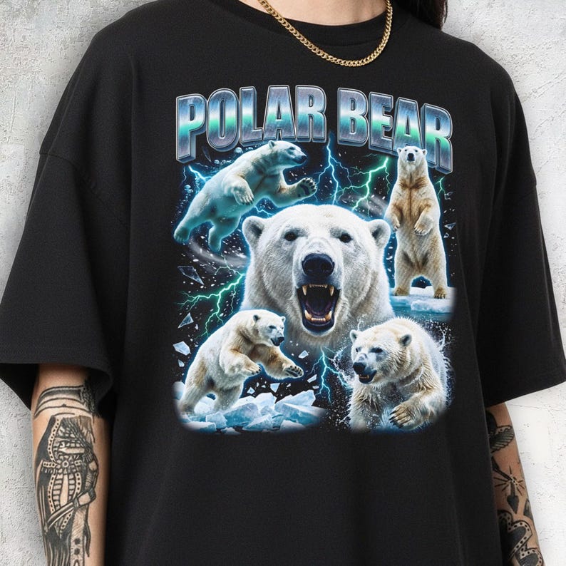 A central roaring polar bear portrait with four bears in walking and jumping poses surrounded by ice shards and lightning.