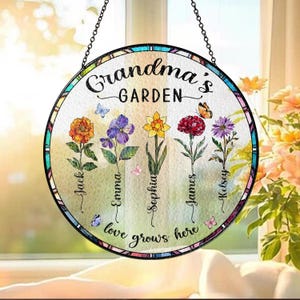 Custom Birth Flower Stained Glass Suncatcher: Grandma&#39;s Garden Window Hanging