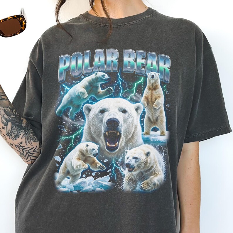 A central roaring polar bear portrait with four bears in walking and jumping poses surrounded by ice shards and lightning.
