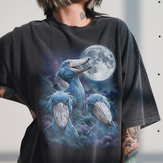 Three Shoebill Stork Moon Shirt | Funny Dinosaur Bird 90s Bootleg | Prehistoric Animal