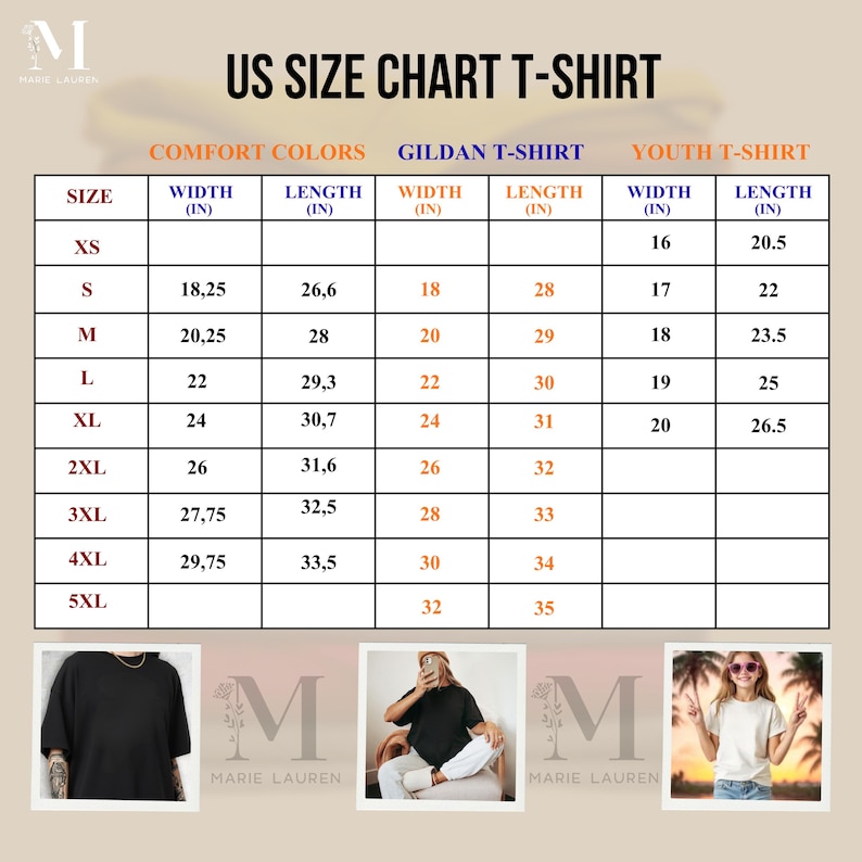 Peut inclure: Tableau des tailles de t-shirts am&eacute;ricains, avec des mesures en pouces pour Comfort Colors, Gildan et tailles jeunes. Le tableau comprend les tailles XS &agrave; 5XL, avec les dimensions de largeur et de longueur pour chaque taille. La marque "Marie Lauren" est en haut.