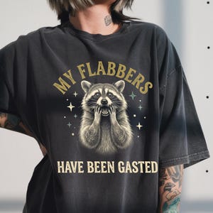 Puede incluir: Camiseta gris oscuro con un gráfico de mapache sorprendido y el texto "MY FLABBERS HAVE BEEN GASTED" en oro y blanco. El mapache se lleva las patas a la cara, con estrellas alrededor.