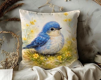 Blue Bird Pillow | Watercolor Bluebird with Yellow Flowers Throw Pillow Cover | Cottagecore Decor