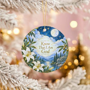 Peut inclure: Une décoration ronde en céramique illustrant un paysage de lac, de montagnes et de lys blancs sous un ciel étoilé avec une pleine lune. Le texte Know That I Am God est imprimé au centre dans une police à empattement dorée.
