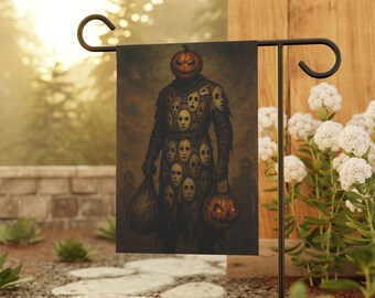 Pumpkin Mask Collector Garden Flag: Gothic Halloween Yard Decoration