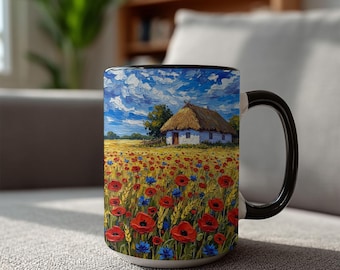 Ukrainian Poppy Field Mug – Village Khata Art Print, Heritage Gift