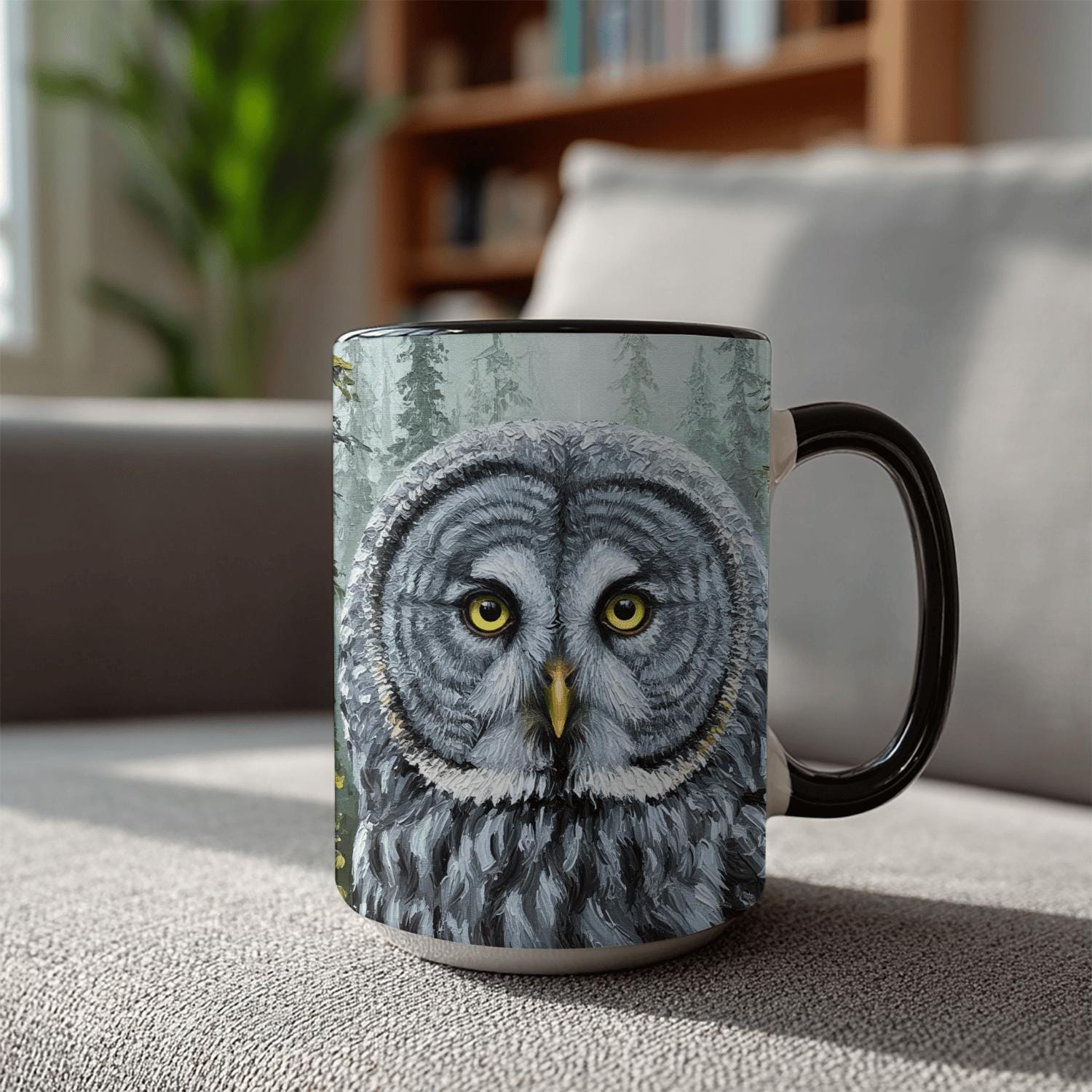 Gray Owl Mug, Misty Forest, Van Gogh Style Art