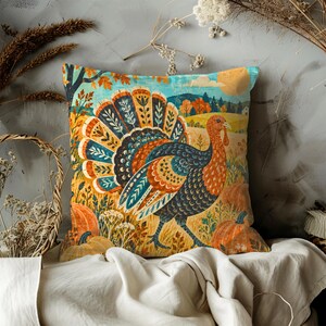 Turkey Pillow Cover | Autumn Pumpkin Patch | Folk Art Decor