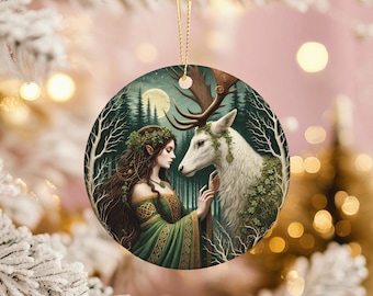 Celtic Yule Ornament: Forest Woman and White Stag, Pagan Winter Decor